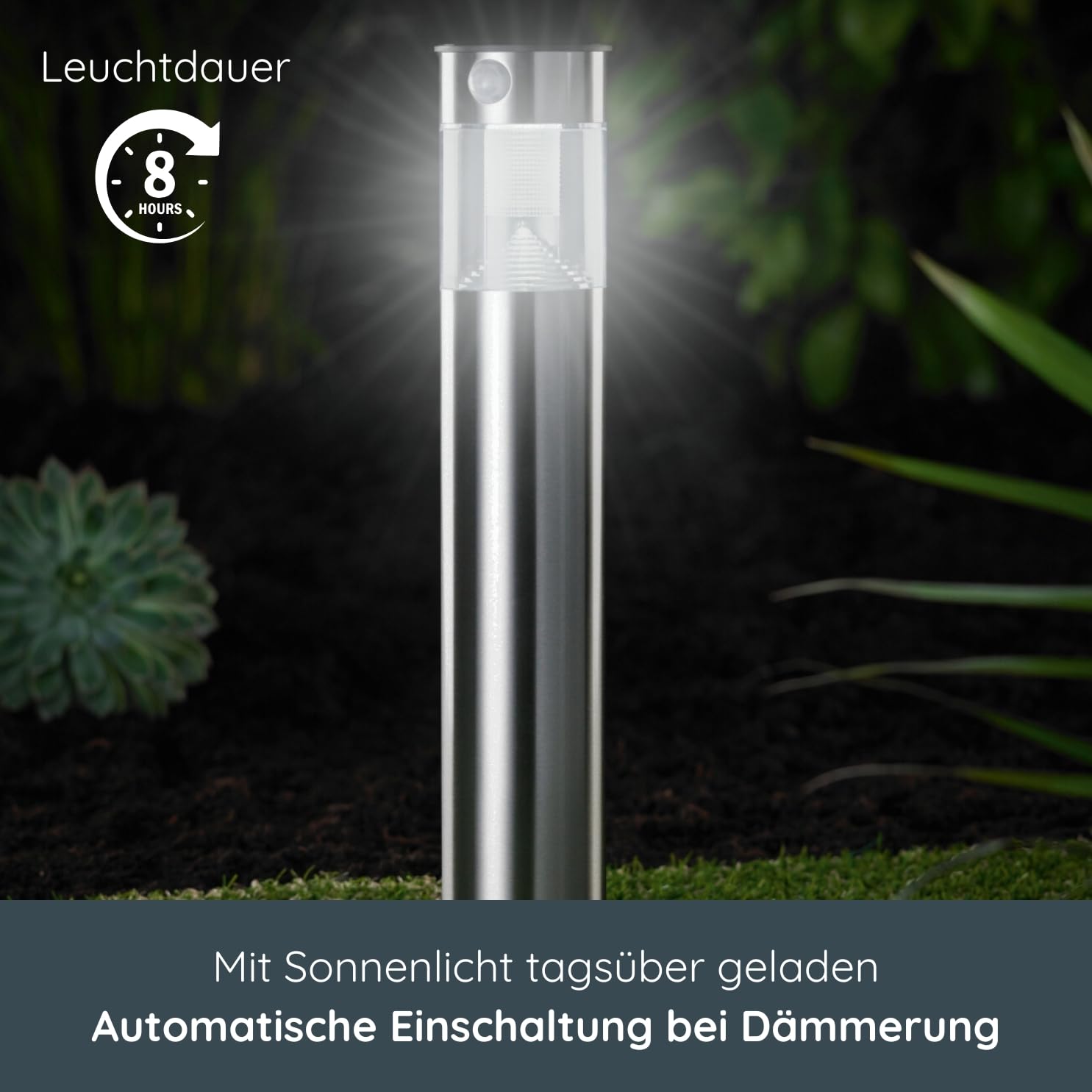 MeLiTec Solar Gartenleuchte mit Bewegungsmelder & Dämmerungssensor – Edelstahl Wegeleuchte, Außen, IP44 – Solarlampe kaltweiß