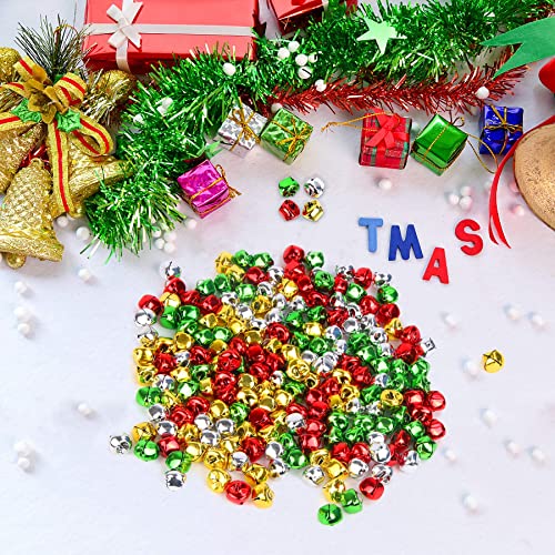 Augshy 200 Pieces Jingle Bells 2/5 Inch Craft Bell Bulk for Christmas Home and Pet Decorations Xmas Decor Party Favors Supplies (Gold, Silver, Red, Green)