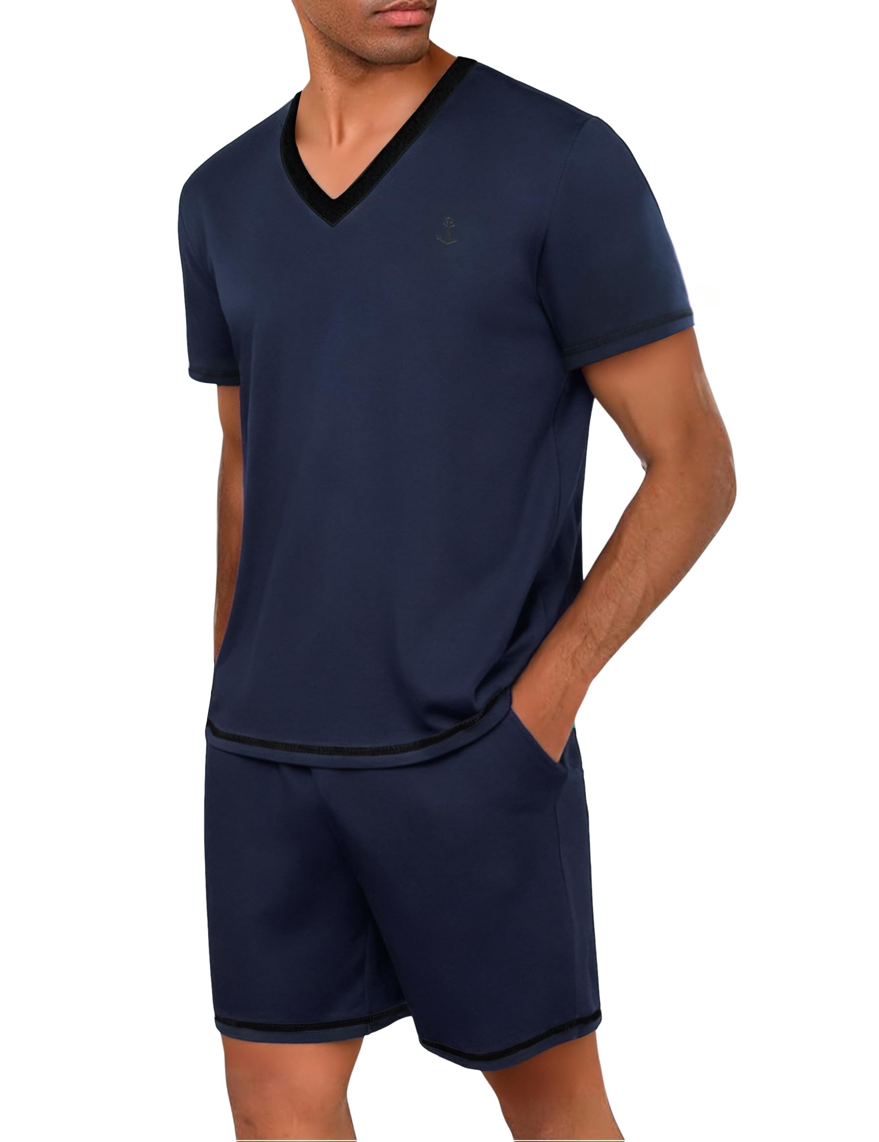 Marvmys Schlafanzug Herren Kurz Baumwolle Sommer Pyjama Männer Zweiteilige Kurzarm V-Ausschnitt T-Shirt und Shorty Schlafanzughose S-3XL