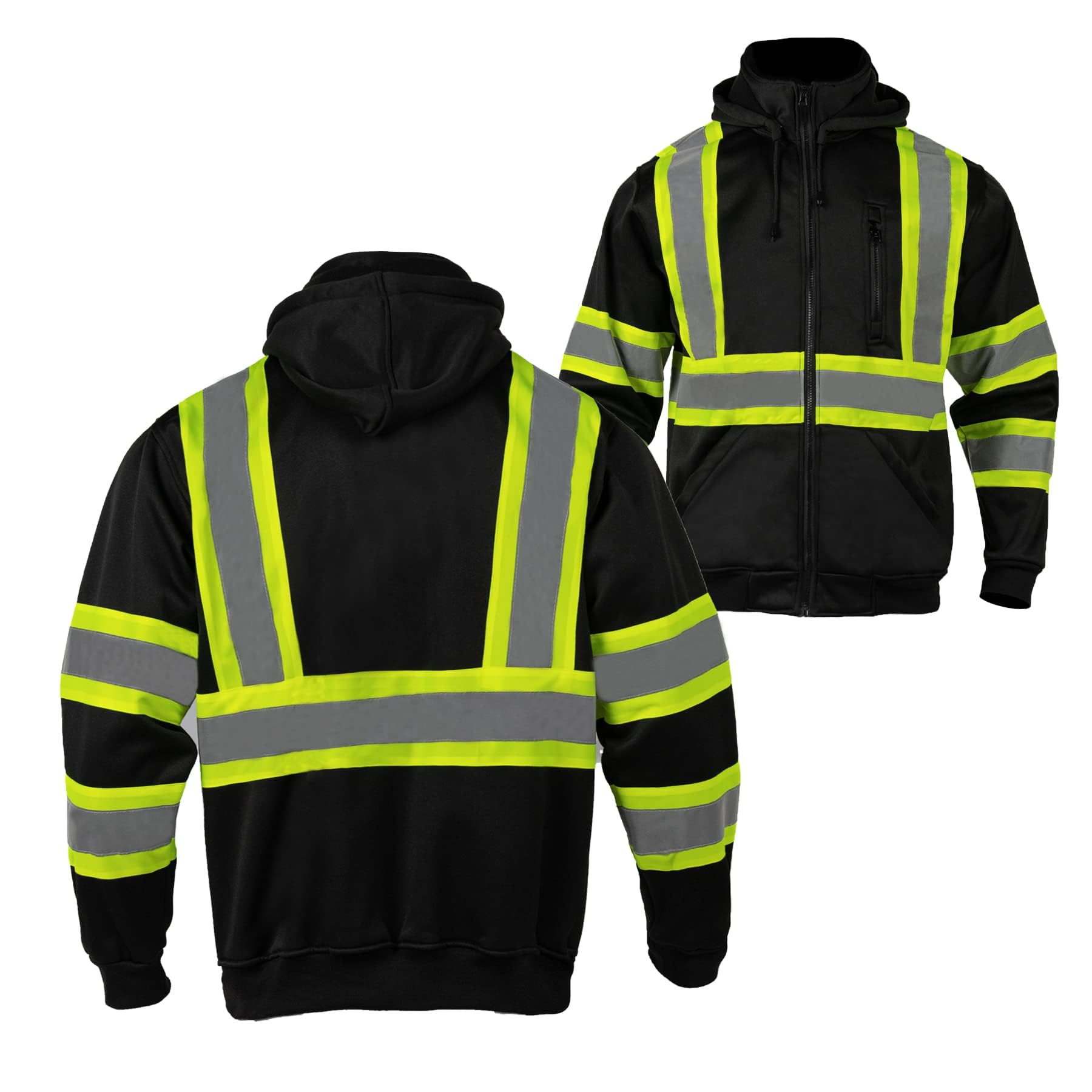 FONIRRA High Visibility Hoodie for Men Reflective ANSI Class 3 Detachable Hood Safety Sweatshirts Hi Vis Construction Work Jackets Black