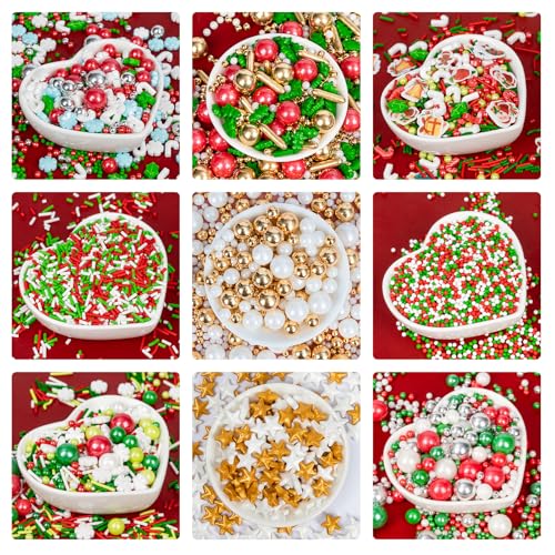 Image of Edible Christmas Sprinkles for Cake Decorating,130g,White Snowflakes Red Green Pearls and Jimmies Mix,Edible Winter Sugar Pearl Holiday Sprinkle for Cupcake Toppers,Cookie,Ice Cream Dessert Decorations Birthday Christmas Party Supplies