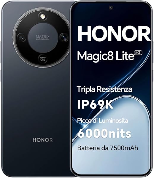 HONOR Magic8 Lite Smartphone 5G, Display AMOLED da 6,79 Pollici, 8+256GB,Tripla Resistenza IP68/IP69K, Batteria da 7500 mAh, Fotocamera da 108 MP con OIS, Doppia SIM, NFC - 1