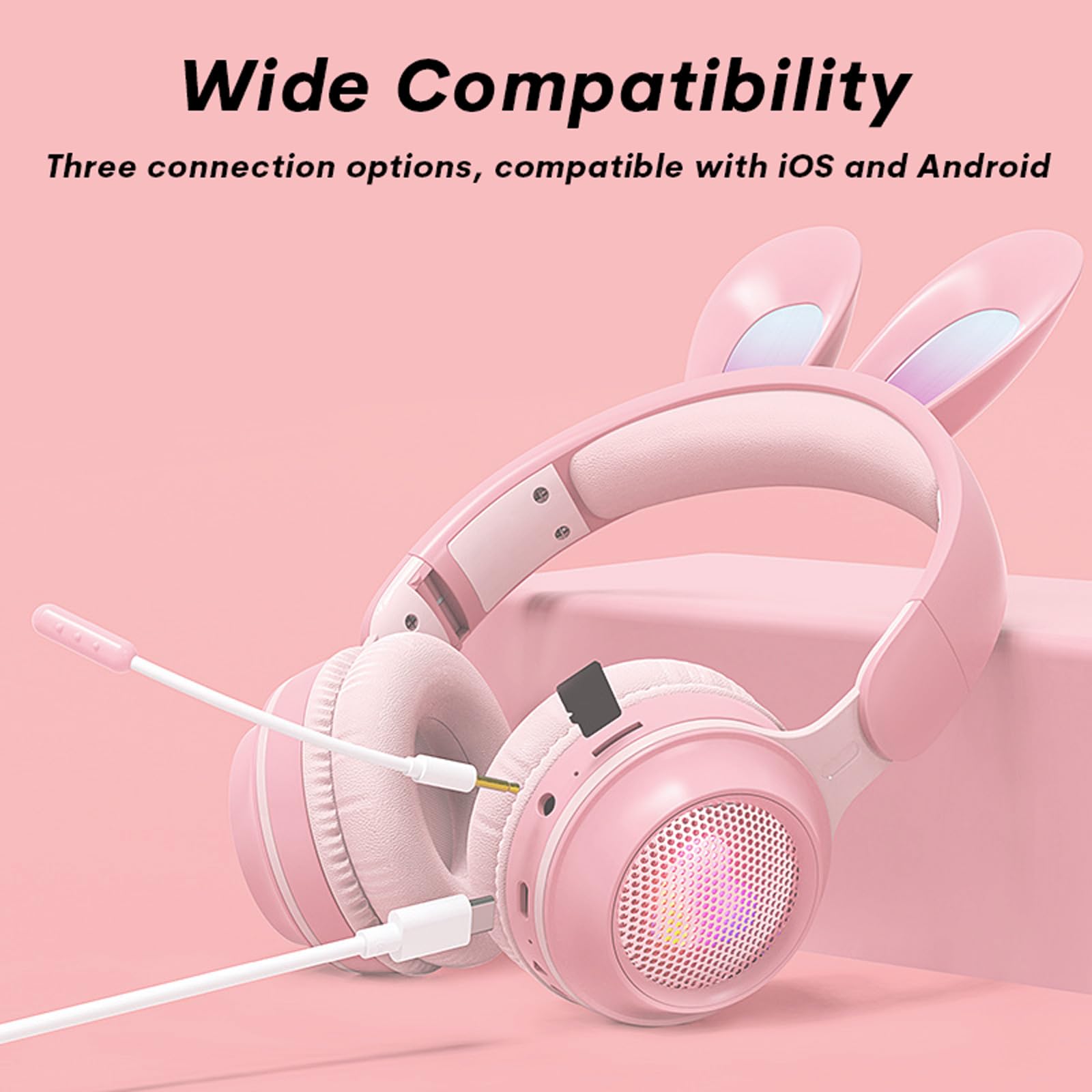 Casque Enfant École Enfant Casque Bluetooth sans Fil Chat Casque avec Lumières LED Amovible Microphone Réglable Bandeau Pliable Réglable Casque avec Limiteur de Volume pour Voyage