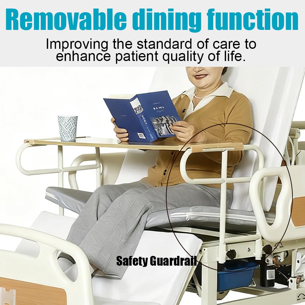 Cama de Hospital Eléctrica Premium para Uso Doméstico, 10 Funciones con Inclinación Lateral, Ruedas Giratorias Bloqueables de 5", Capacidad de 250 kg, Incluye Portasueros y Mesa para Alimentación
