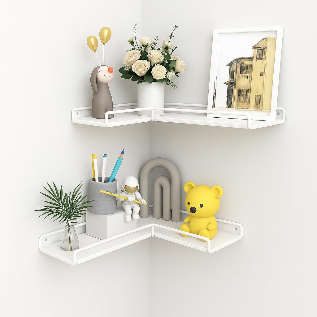 Set of 2 Corner Floating Shelves - Wooden Wall-Mounted Shelves (40x29x4cm) - Space-Saving Corner Shelf for Bathroom, Living Room & Bedroom - Includes Mounting Hardware (White)