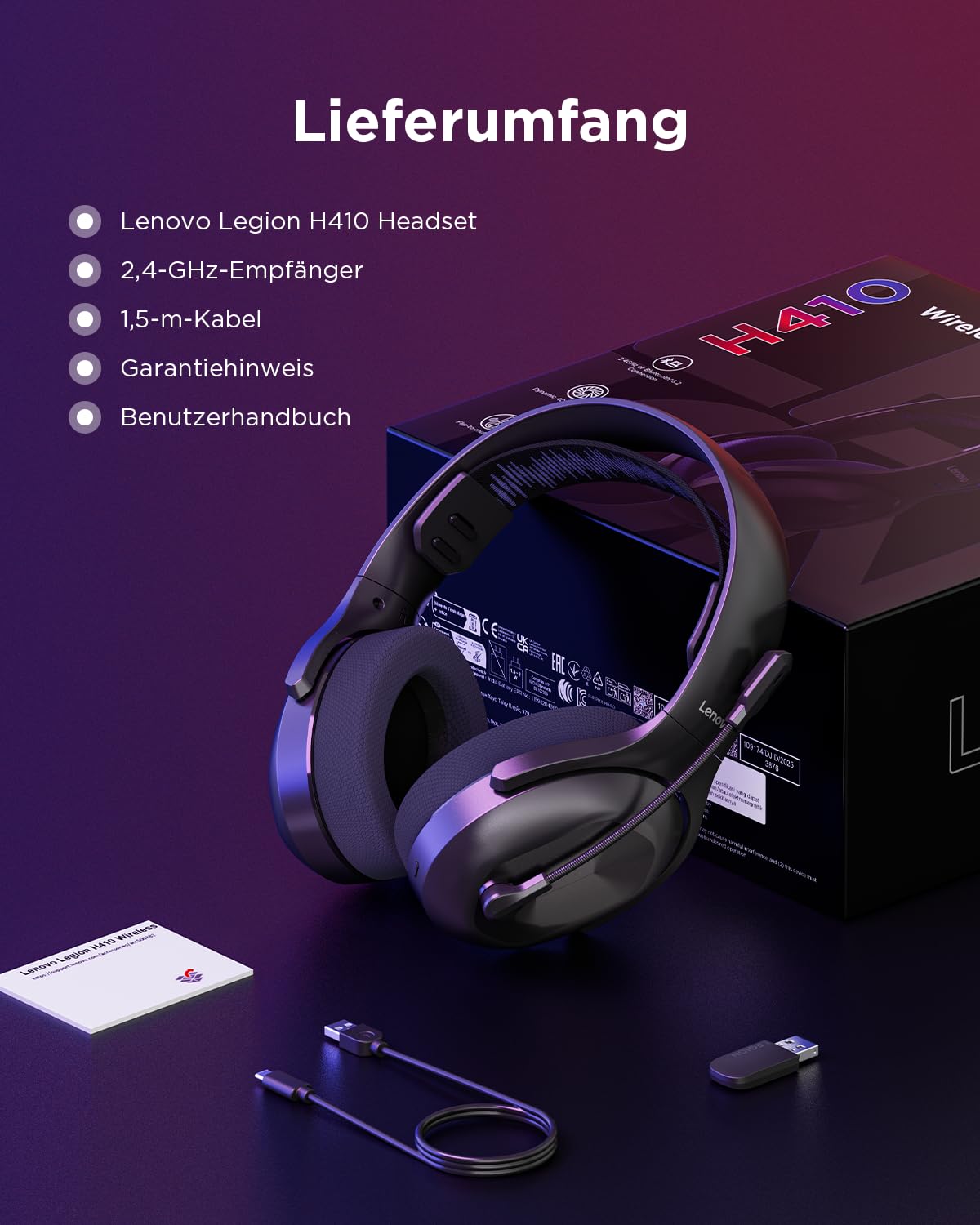 Lenovo Legion H410 Wireless Gaming Headset | Gaming Kopfhörer | schwarz-dunkelviolett