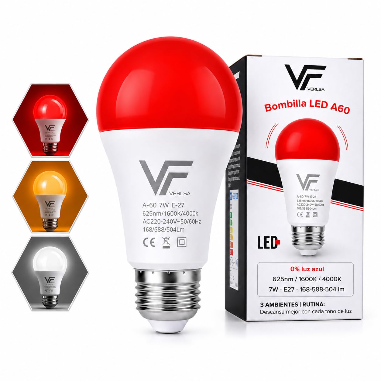 Bombilla (3 En 1) E27 - Luz Roja Nocturna Melatonina 630nm + Ámbar 1600K + Neutra 4000K - 3 Tonalidades Flicker-Free, Sin Luz Azul, Bombilla Roja LED Para Dormir (Rosca E27 / 1 Unidad)
