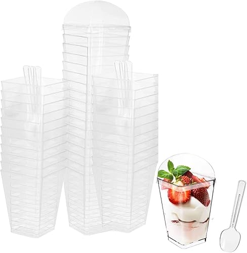 50 tazas de postre con tapa y cucharas, vasos de postre de 5.1 fl oz/5 onzas de plástico, tazas cuadradas de postre para fiesta de postres, pudín,