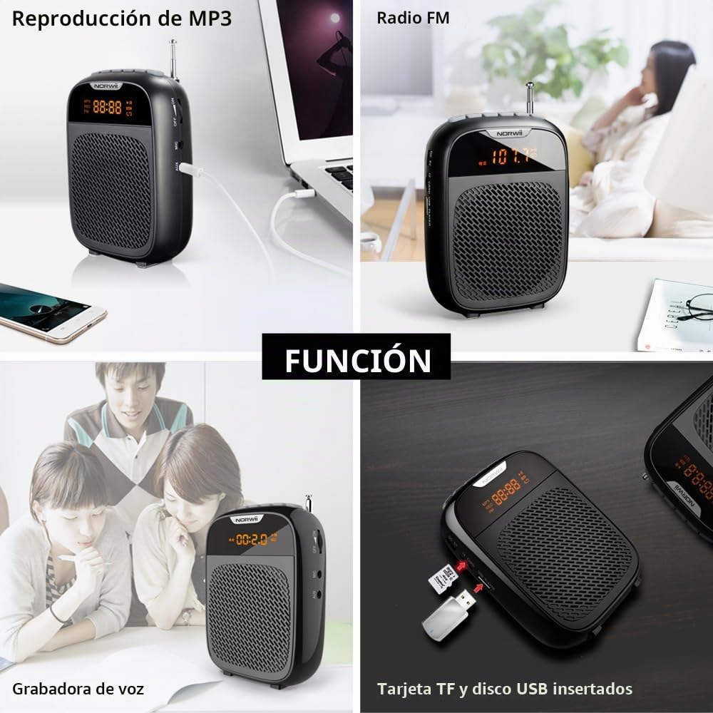 Norwii Mini Amplificador de Voz portátil Recargable con Bluetooth de 4000 mAh con micrófono con Cable, Amplificador de Voz Personal para Profesores, guías turísticos, PA amplificadores de Potencia