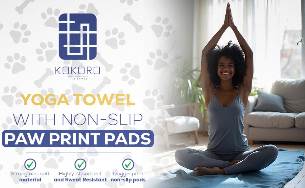Kokoro Lifestyle Hot Yoga Mat Towel Non Slip, Foldable Exercise Mat with Paw Print Grip Dots, Anti Skid Sweat Absorbent Towel for Hot Yoga Pilates Gym Workouts, Blue, 24
