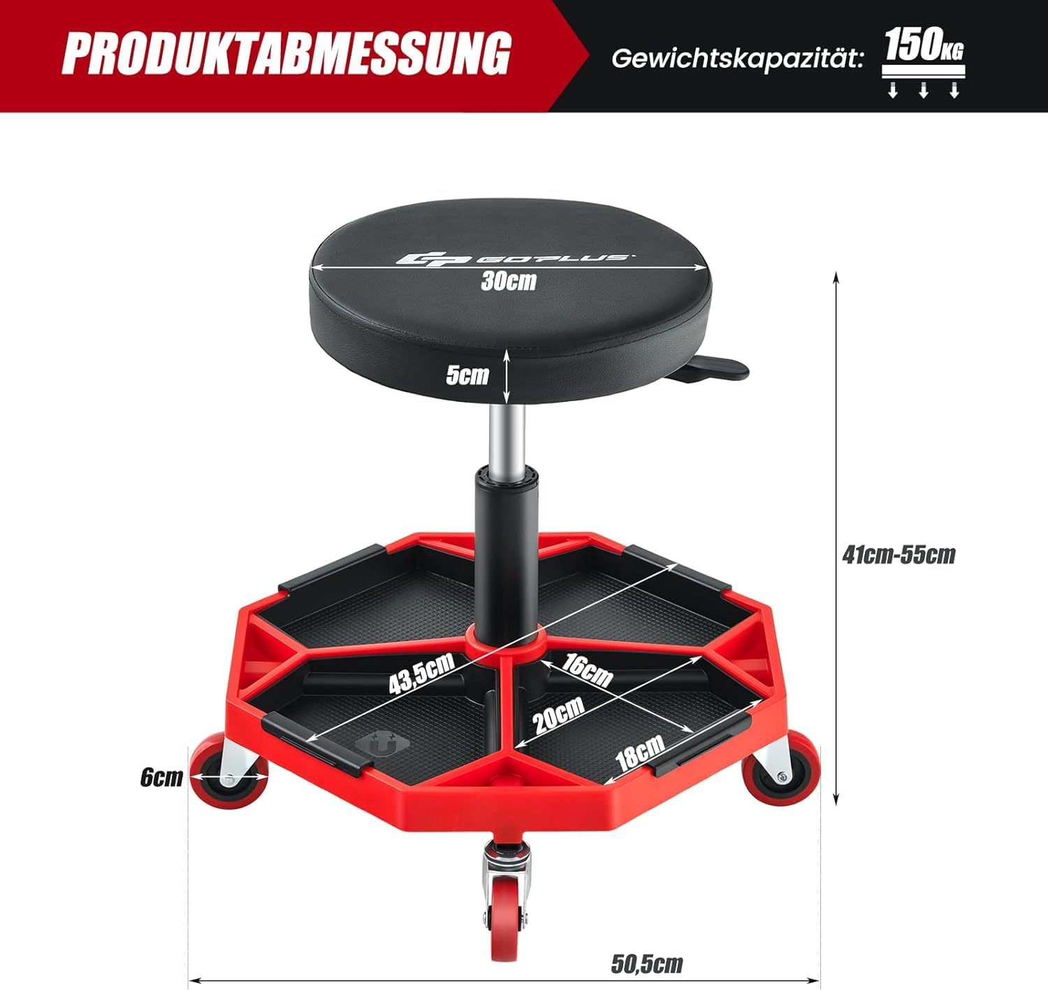 FANTASK Sgabello da officina regolabile in altezza, 41 – 55 cm, con ripiano e 4 ruote universali, per attrezzi e sgabello pneumatico, portata 150 kg