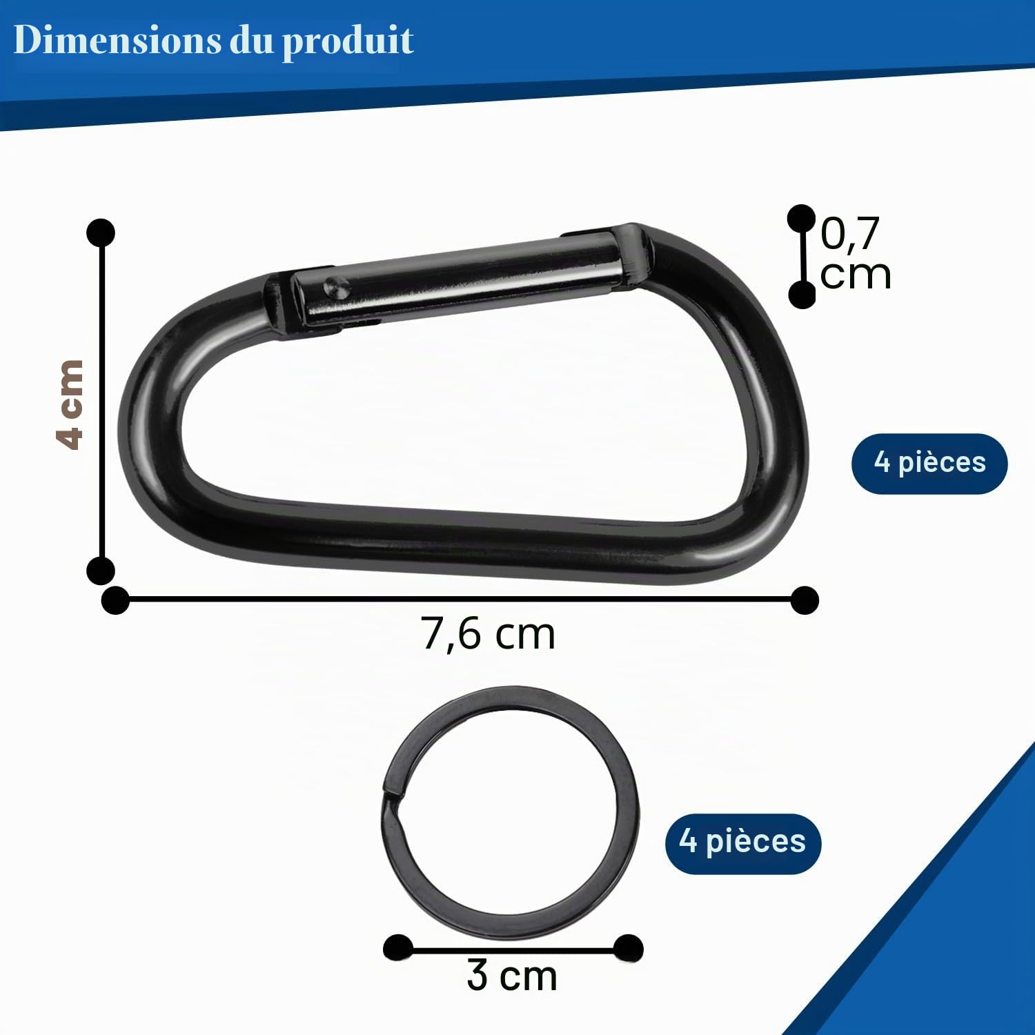 Mousquetons en aluminium forme D noir - Lot de 4 pour hamacs camping