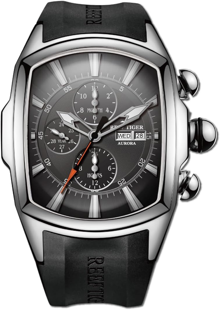 REEF TIGER Mens Tonneau Multifunction Mechanical Watch Analog Luminous Silicone Strap Automatic Watches with Calendar RGA3069-P