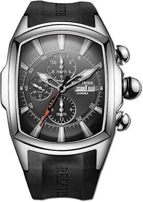 REEF TIGER Mens Tonneau Multifunction Mechanical Watch Analog Luminous Silicone Strap Automatic Watches with Calendar RGA3069-P