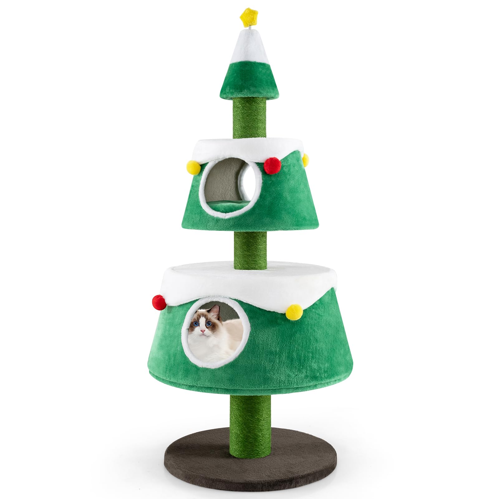 GYMAX Cat Tree, 153cm Christmas Tree Shape Kitty Tower with 2-Story Condos, Scratching Posts, Holiday Pet Play Center Furniture for Indoor Cats