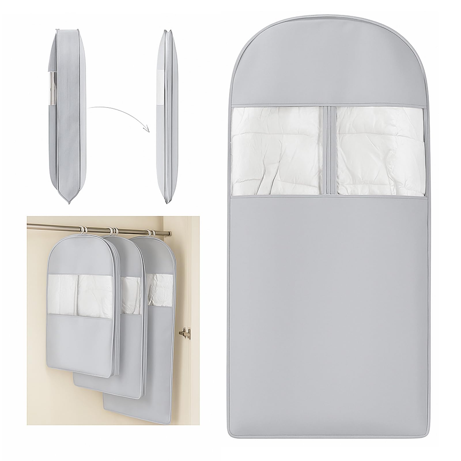 Space Saving Hanging Compression Garment Bag with Zipper for Closet Storage, Hanging Clothes Storage Bag, Garment Covers for Coats and Down Jackets (Gray, XL)