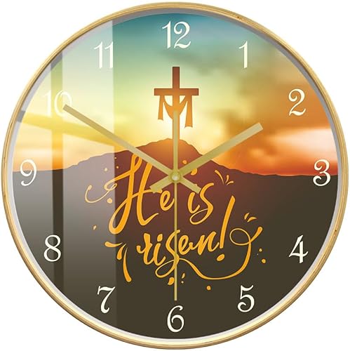 Reloj de pared religioso de Pascua cristiana de 12 pulgadas con texto en inglés He is resucitado, cuarzo silencioso, sin tictac, funciona con pilas,