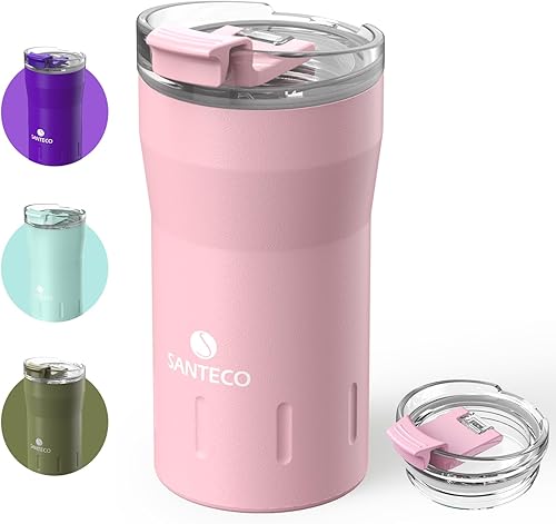 Santeco - Taza de café de viaje de 12 onzas tazas de café aisladas con tapa abatible termo de acero inoxidable a prueba de derrames vaso al vacío de