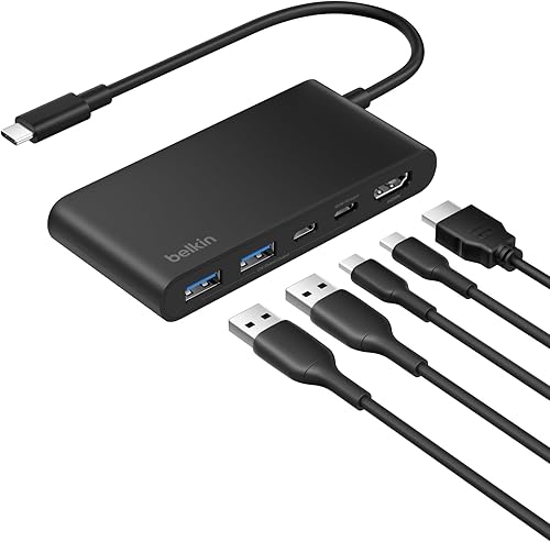 Belkin USB C Hub, 5-Port Hub w 4K HDMI Display 60Hz, 100W Power Delivery, Fast Data Transfer 5Gbps, USB C Multiport Adapter for MacBook, iPad Pro,