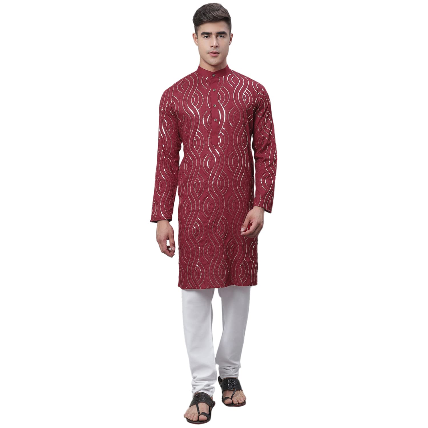 Sojanya (Since 1958 Men's Pure Cotton Maroon Designer Kurta And White Churidar Pyjama Set