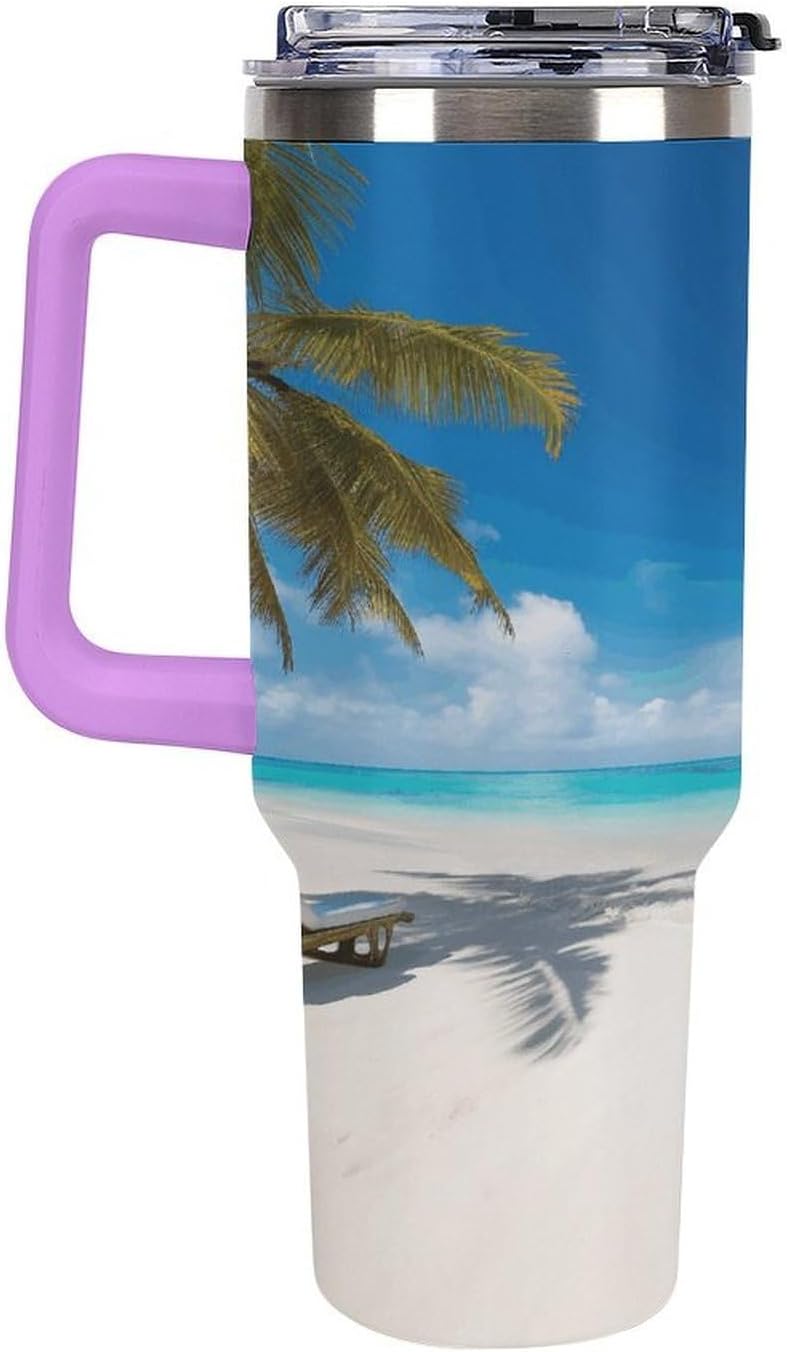 White Beach Tropical Sea Tumbler 40 Oz with Handle&Lid Large Car Cup Stainless Steel Vacuum Travel Mug Insulated Water Bottle Leak-proof Portable Coffee Cup for Home Car Outdoor