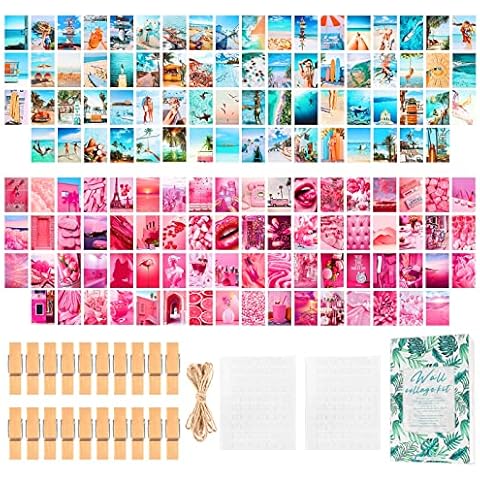 70 Pieces Aesthetic Pictures Wall Collage Kit, Summer Beach Warm Color Room Decor Pictures Collage with 20 PCS Wooden Clip 2M Hemp Rope, Fashionable Wall Art Collage Print for Room Decoration Cover