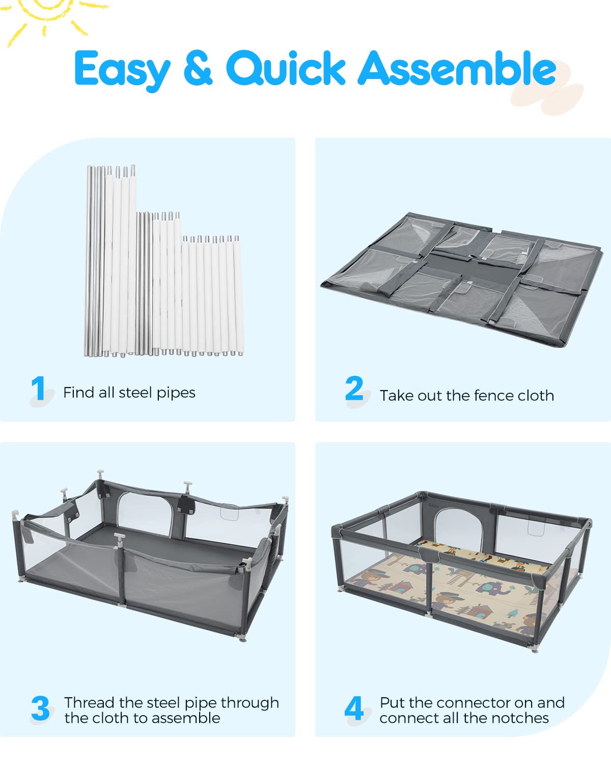 HEAO Baby Playpen with mat for Babies,79x59" Extra Large playpen with Stroage Bag, 30PCS Pit Balls,Baby Fence Play Area for Indoor Outdoor, (Grey)