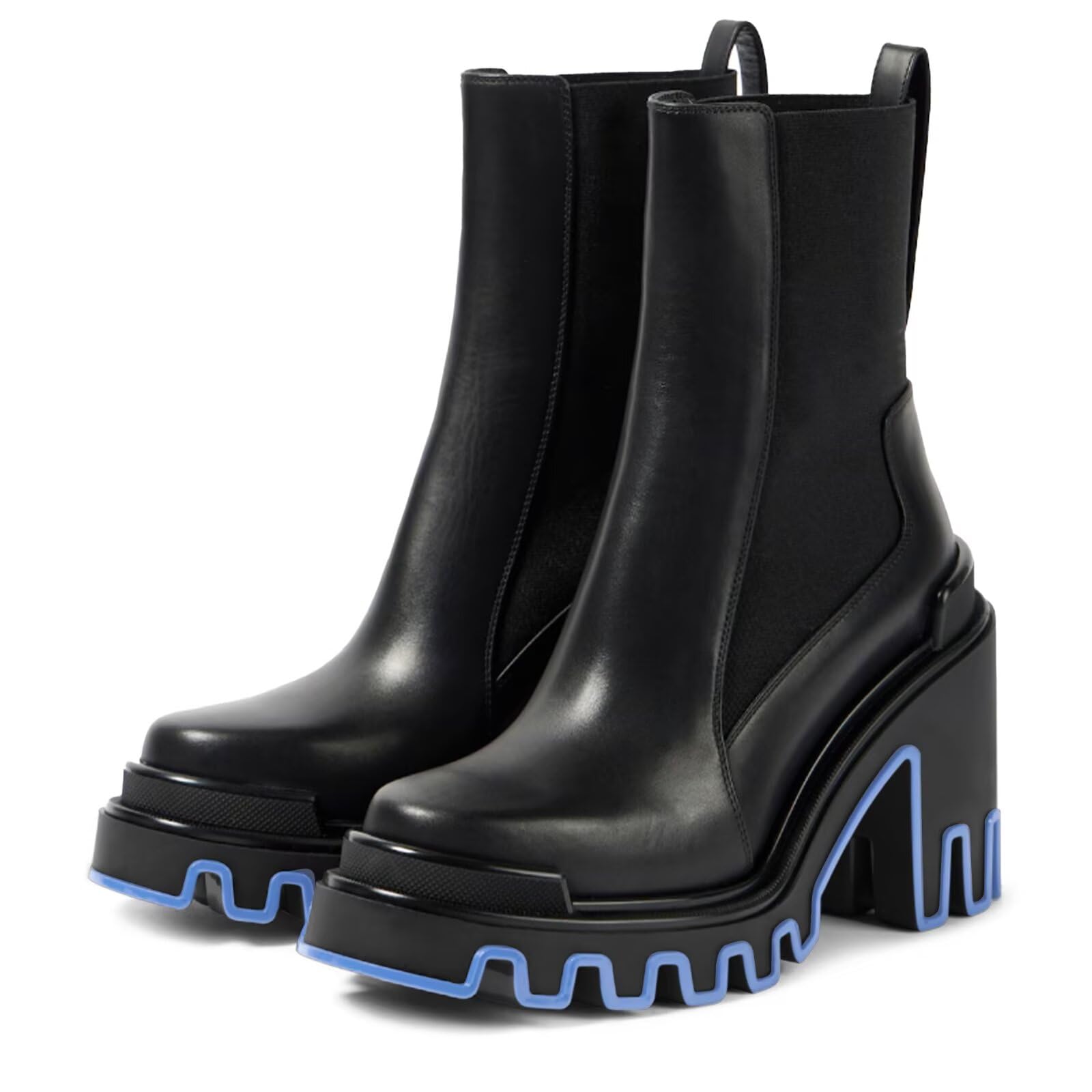 Womens Platform Boots Fashion Black Leather Long Boots Ankle Boots with Red Sole Chunky Heel Chelsea Boots Stylish