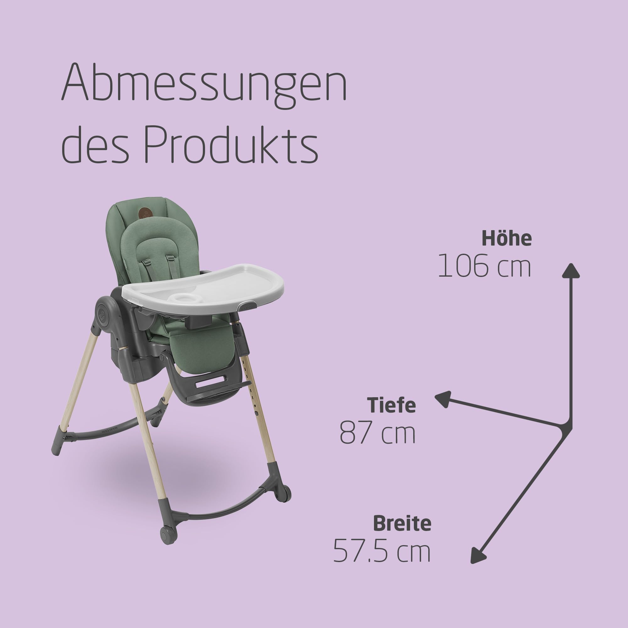 Maxi-Cosi Minla Kinderhochstuhl Mitwachsend, 0–14 Jahre, bis zu 60 kg, Hochstuhl Baby, 9 Höhenstufen, 5 Neigungspositionen, 4 Tablettpositionen, kompakt faltbar, Eco Care, Beyond Green