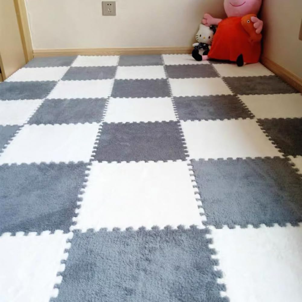 10 Tiles Interlocking Puzzle Play Mat 30x30x1cm EVA Foam Floor Mats,Fluffy Area Rug for Living Room Bedroom,Non-Slip Protective Floor Carpet (White Grey)