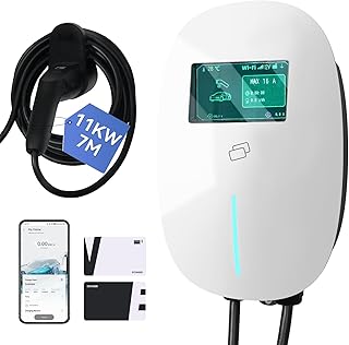 FULLWATT EV Ladegerät Typ 2 11 kW, Wallbox Ladestation mit APP und RFID, 3-Phasig 7M 6-16A, mit LCD und Ladegerätehalter, IP54, für Alle EVs und PHEVs, Schwarz (11kW-Schwarz) (11kW-Weiß)
