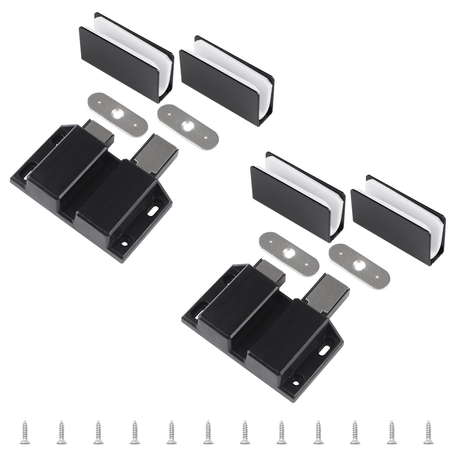 UFURMATE 2 Set Push Open Double Glass Door Magnetic Touch Latchs with Adjustable Clamp and Metal Plate, Fit for 3-8mm Free-Swinging Glass Doors or Wooden Doors (Black) — image 1
