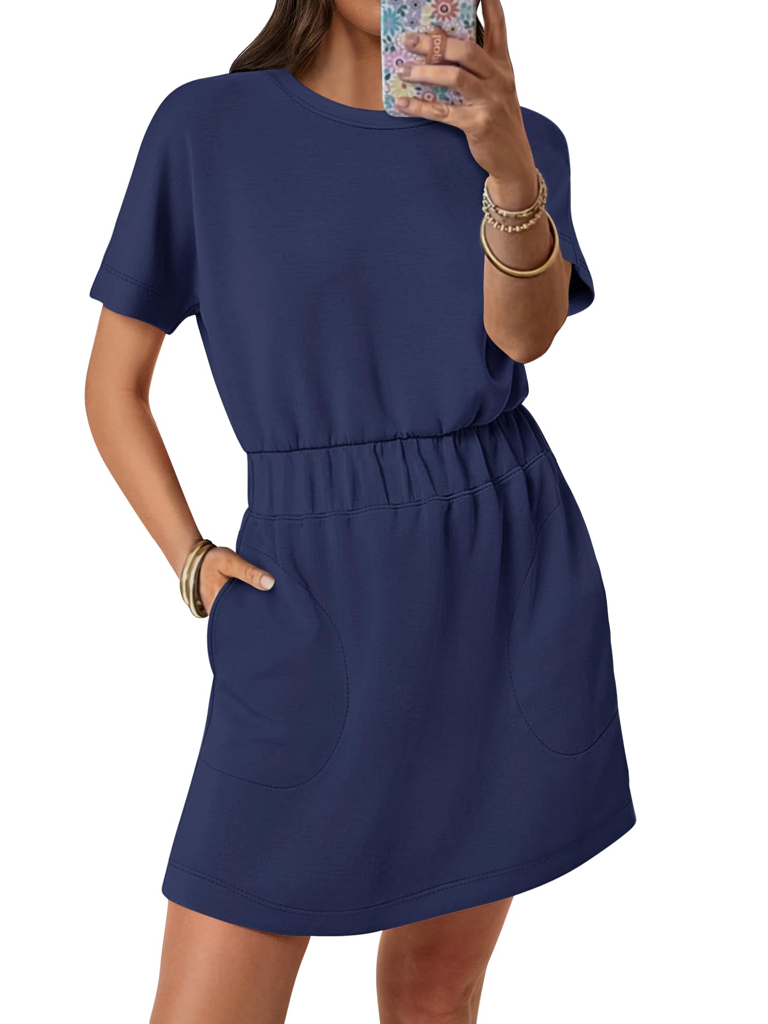 ANRABESS Womens Dresses 2026 Summer Casual Short Sleeve Crew Neck Elastic Waist Mini T Shirt Dress with Pockets Navy Blue Medium