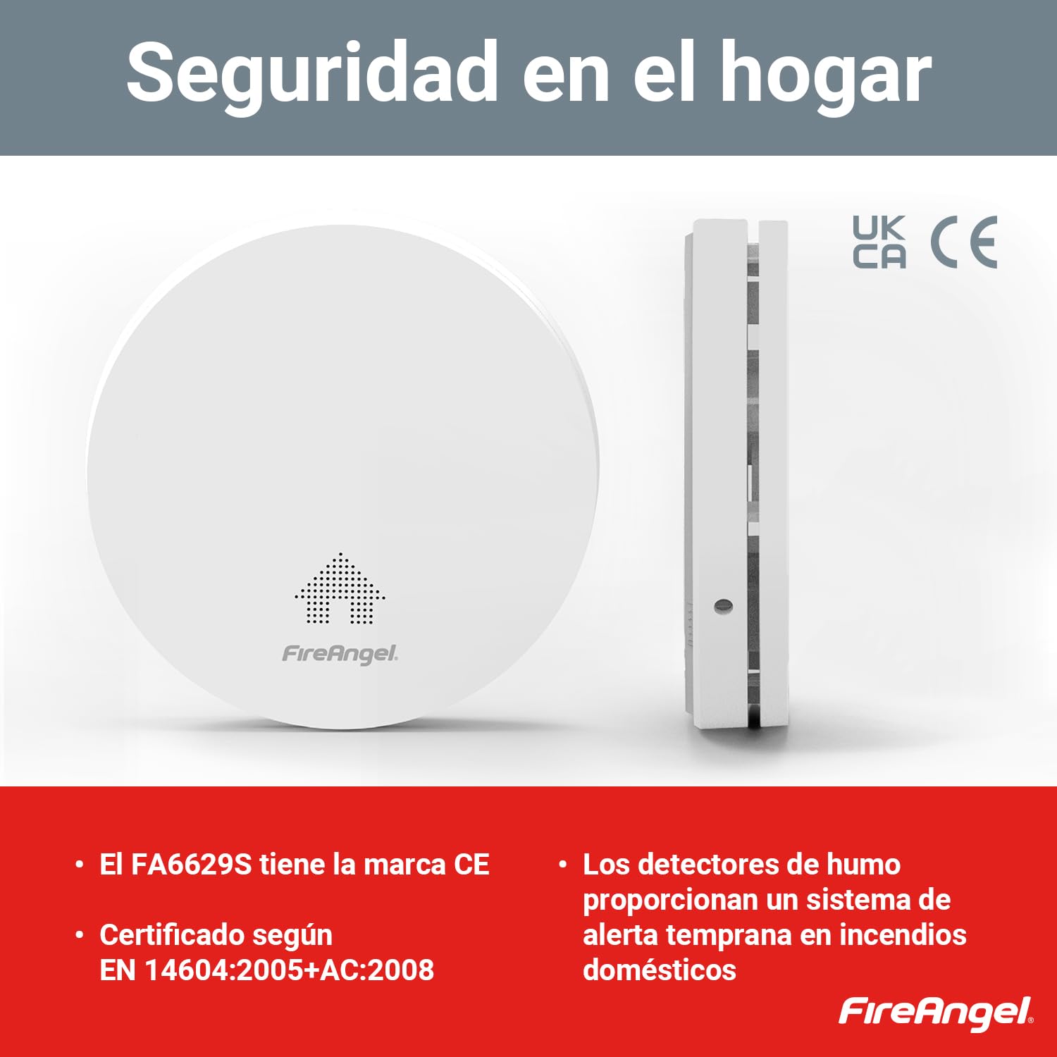 FireAngel Detector de Humo Óptico Ultrafino FA6629S - Alarma de Incendios para Hogar con Batería de 10 Años de Duración - 115 mm x 23.5 mm
