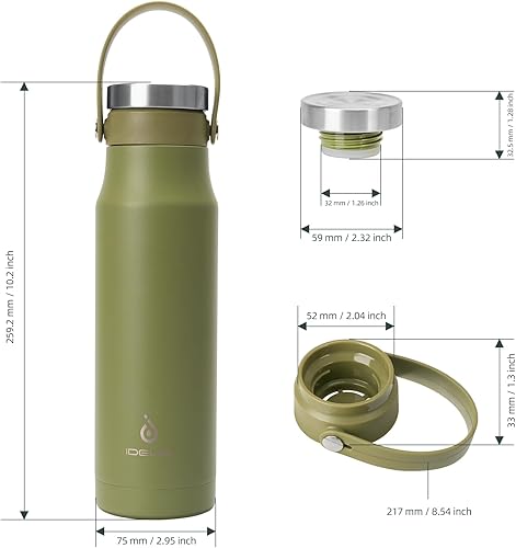 Miniatura 6 de IDEUS Botella de agua aislada, termo de acero inoxidable de 24 onzas con asa para agua fría y caliente, té, bebidas, a prueba de fugas, reutilizable