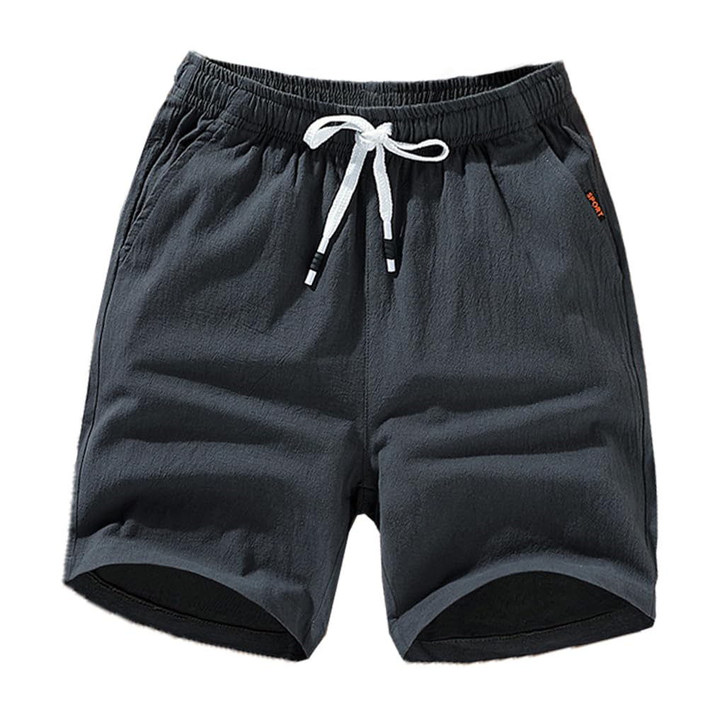Męskie bawełniane lniane szorty 13 cm wewnętrzne spodenki plażowe letnie lekkie, oddychające, miękkie, ciemnoszary, XXL