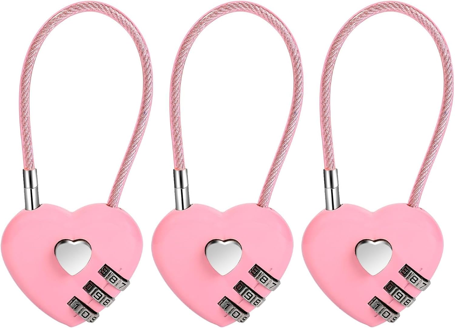 3 Pcs Combination Locks,3 Digit Pink Combination Padlock Mini Love Heart Lock with 4.13in Steel Wire Rope Outdoor Waterproof Padlock for Travel Bags Suitcase Backpacks
