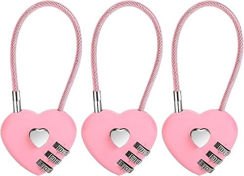 Miniatura 8 de 3 cerraduras de combinación, 3 dígitos rosa combinación candado mini amor corazón cerradura con cuerda de alambre de acero de 4.13 pulgadas, candado