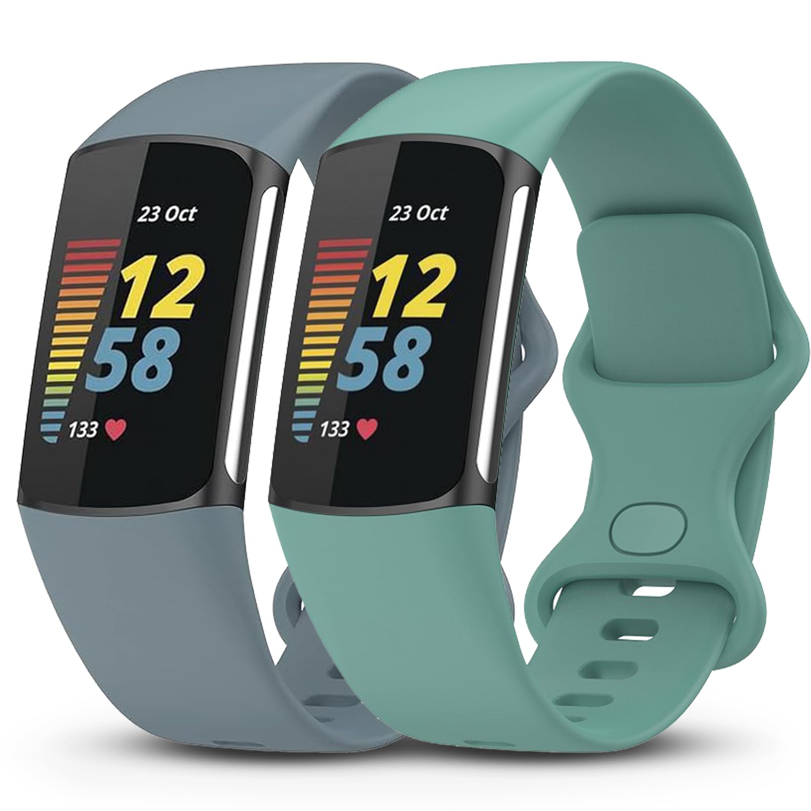 Garmcool 2 Paket Armbands Kompatibel mit Fitbit Charge 6 / Charge 5 Armband, Verstellbares Sport Silikon Ersatzarmband Kompatibel für Damen Herren/Stahlblau, Kieferngrün, S
