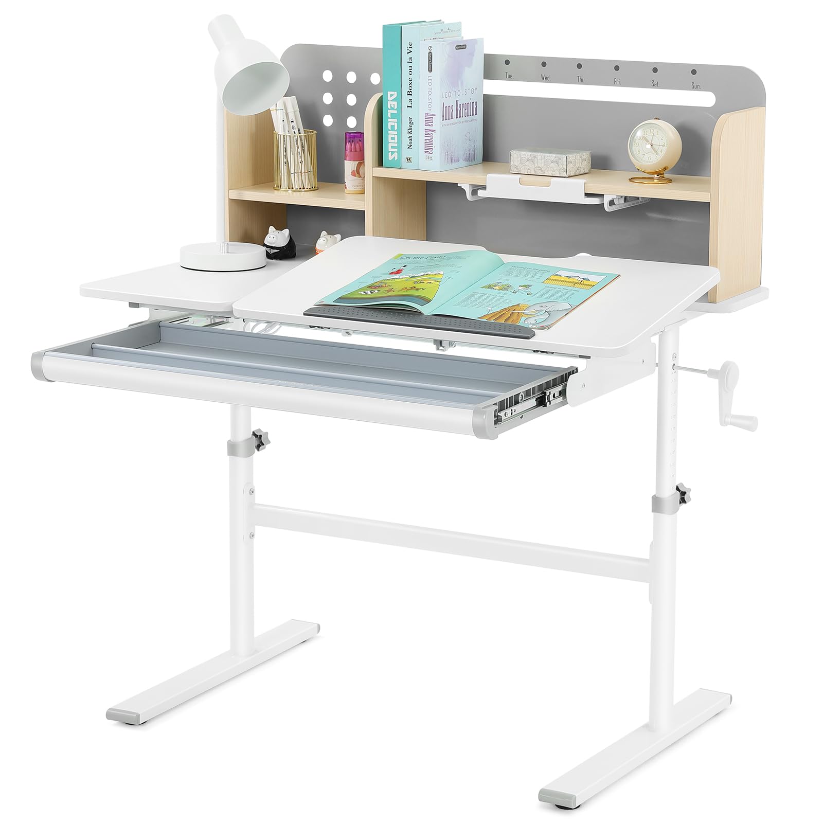 JOYLDIAS Höhenverstellbarer Kinderschreibtisch, Studiertisch für Kinder mit Bücherregal, Neigbarer Schreibtisch, Multifunktionaler Schülerschreibtisch mit Schubladen und Haken, 100 x 60cm Tischplatte