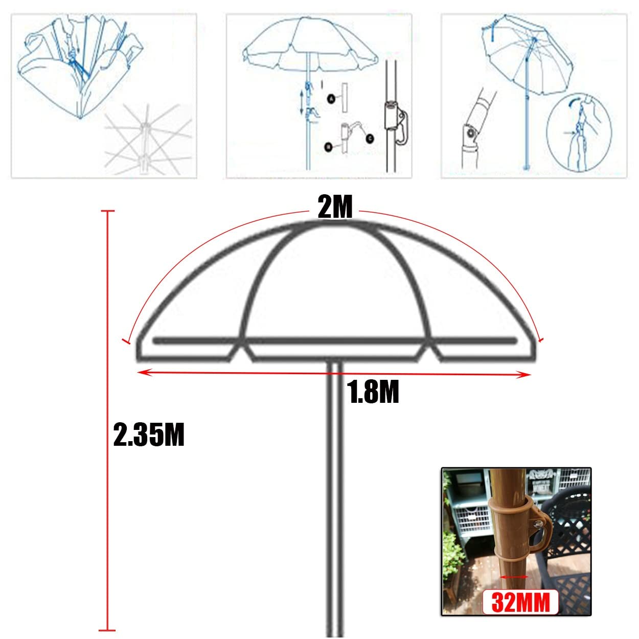 Duży parasol słomkowy na patio 2 m z mechanizmem przechylania, 8 solidnych żeber, wiatroszczelny, stabilny, na zewnątrz, tropikalny, hawajski, strzecha Tiki