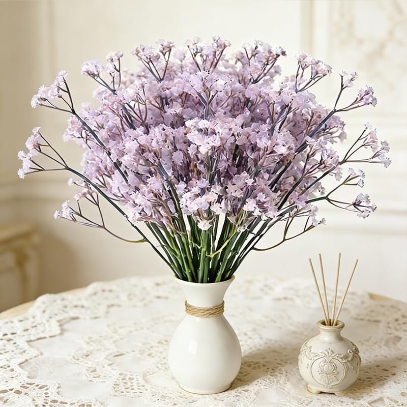 10 Pcs Babys Breath Light Purple Artificial Flowers, Real Touch Gypsophila Fake Flowers for Wedding, Home Decor, Vase Filler, Table Centerpieces, Party Decorations
