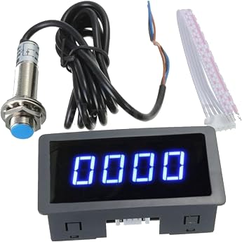 4 Digital LED Display Tachometer Speed Display Speedometer RPM Speed Meter with Hall Proximity Sensor NPN/PNP Input 10-9999RPM Range Blue