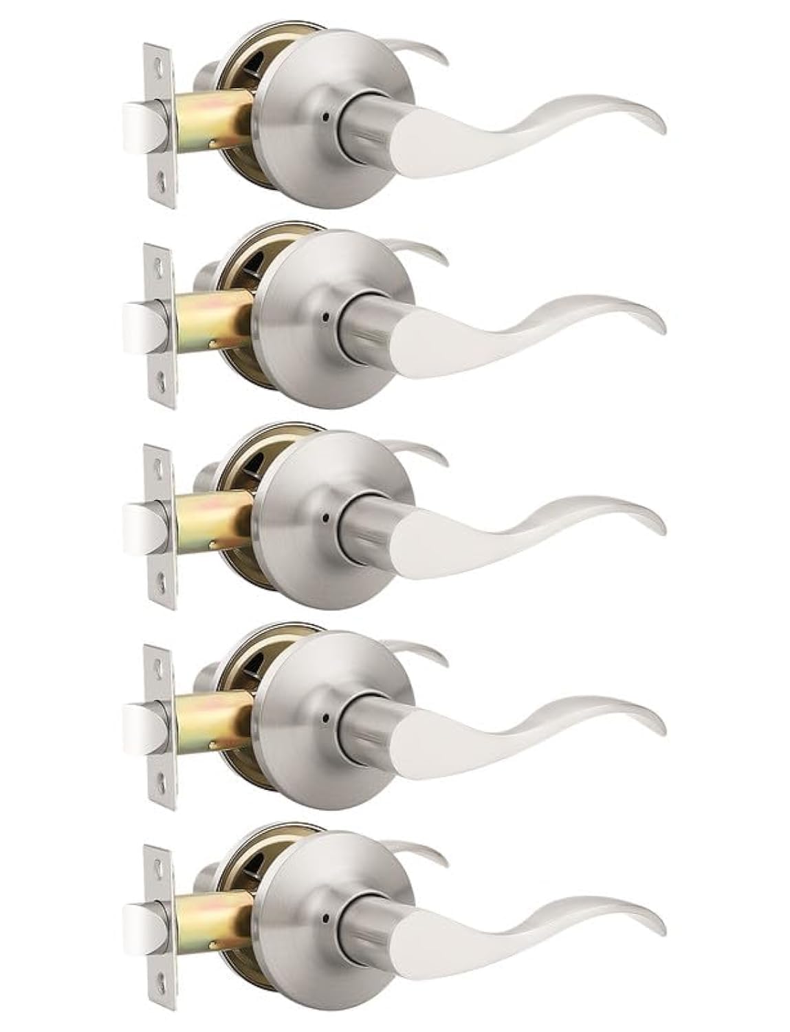 Mengico 5 Pack Satin Nickel Modern Interior Passage Door Knobs, Keyless Door Handle for Hallway &amp; Closet, Wave Style Non-Locking Door Lever Reversible for Left &amp; Right Handed