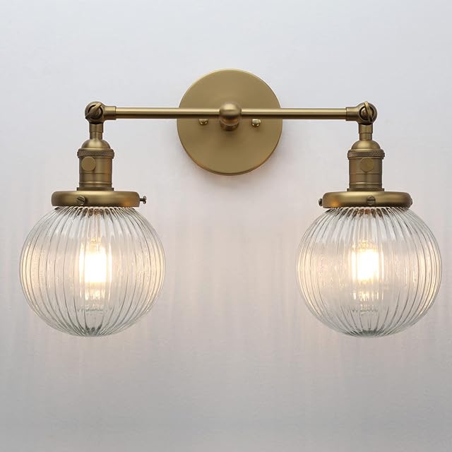 Yosoan Industrial Glass Ribbed 2-Lights Wall Sconces, Modern Wall Light with Globe Lampshade,Switched Bedside Wall Light for Bedroom, Kitchen, Living Room (Antique)