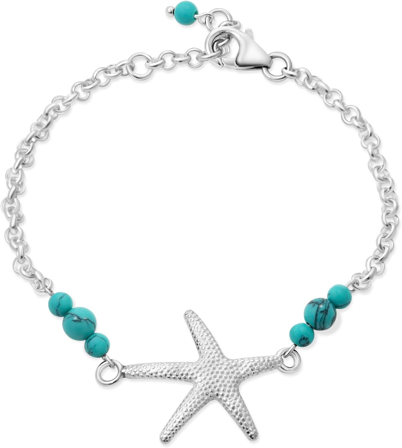 ADITA GOLD 925 Sterling Silver Turquoise Bracelet - 3mm Turquoise Round Beads with Sea Star Silver Charm - 16-18cm Length - December Birthstone Turquoise Jewelry for Women - Perfect for Gifting
