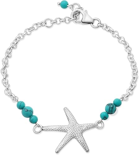 925 Sterling Silver Turquoise Bracelet - 3mm Turquoise Round Beads with Sea Star Silver Charm - 16-18cm Length - December Birthstone Turquoise