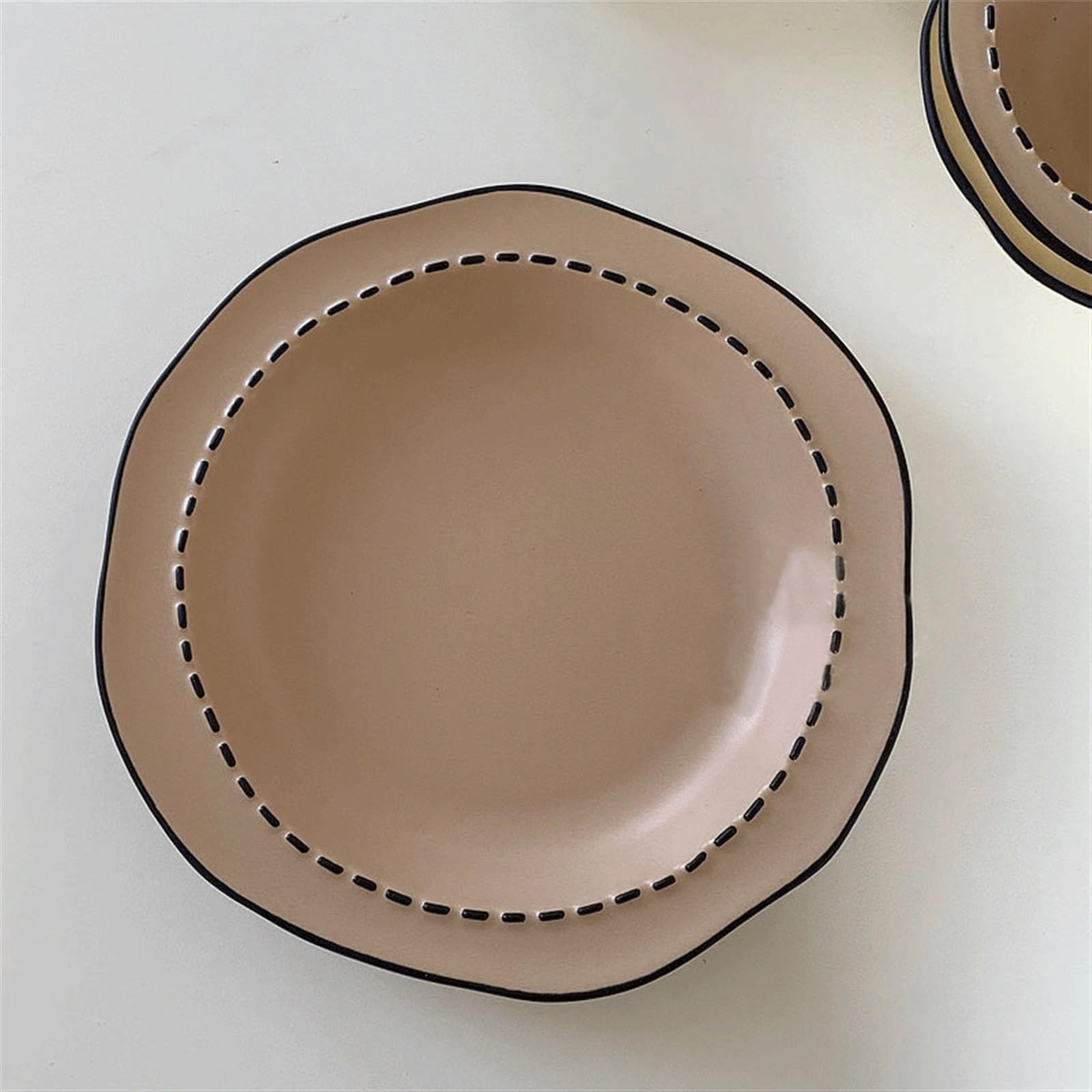 HPTHLY Plate Ceramic Tableware Set Irregular Rice Bowl Soup Bowl Ceramic Vegetable Plate Striped Household Bowls And Dishes For Kitchen Restaurant Dessert Plate (Pink)