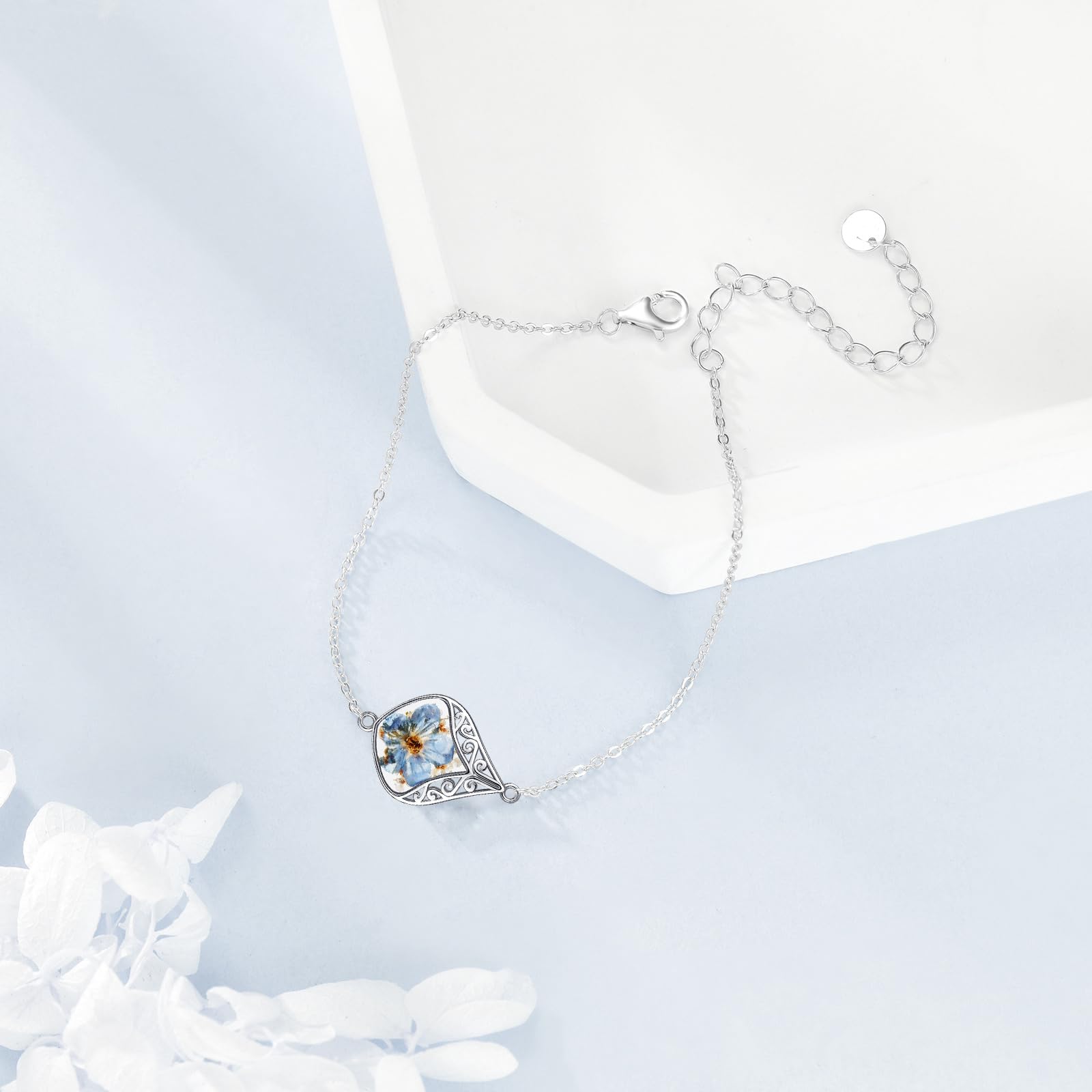 URONE Vergissmeinnicht Armband 925 Sterling Silber Vergissmeinnicht Presse Blume Armband für Frauen Viel Glück Filigran Schmuck für Damen