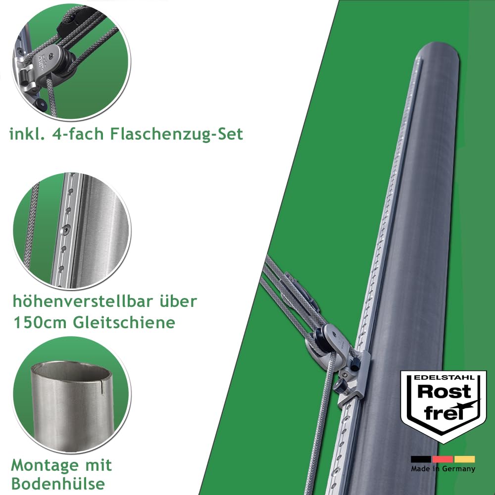Sonnensegelpfosten Ø101,6mm, 3m, höhenverstellbar, V2A Edelstahl (2er-Set) | Inkl. 4-fach-Flaschenzug-Set, 75cm Bodenhülse, 150cm Gleitschiene, Sicherheitsklemme: Befestigung für sehr große Segel